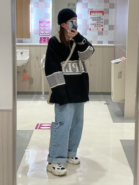 「SHEINのアイテム（ニット/セーター、ブラック系）」を使った、rikuさん（レディース・153cm）の冬コーディネート