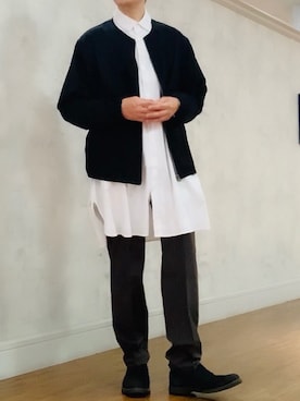「ロングシャツ」｜「アイテム（ノーカラージャケット）」を使った、tak mikさん（メンズ・173cm）の春コーディネート