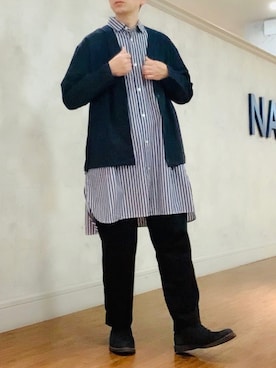 「ロングシャツ」｜「アイテム（ノーカラージャケット）」を使った、tak mikさん（メンズ・173cm）の春コーディネート