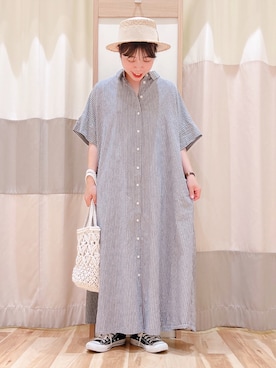 「麦わら帽子」｜「アイテム（シャツワンピース）」を使った、みなも (･×･)さん（レディース・151cm）の夏コーディネート