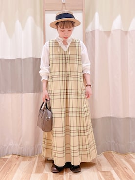 「カンカン帽」｜「アイテム（ジャンパースカート）」を使った、みなも (･×･)さん（レディース・151cm）の春コーディネート