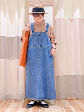 「麦わら帽子」｜「アイテム（ジャンパースカート）」を使った、みなも (･×･)さん（レディース・151cm）の夏コーディネート