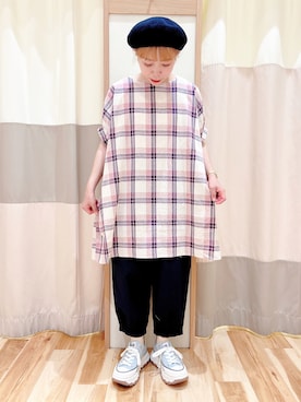 「夏コーデ」｜「アイテム（チュニック、パープル系）」を使った、みなも (･×･)さん（レディース・151cm）の夏コーディネート
