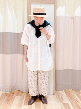 「Samansa Mos2（サマンサ モスモス）のビックシルエットバンドカラーシャツ（シャツ/ブラウス）」を使った、みなも (･×･)さん（レディース・151cm）の春コーディネート