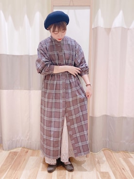 「チェックワンピース」｜「アイテム（ハンチング/ベレー帽）」を使った、みなも (･×･)さん（レディース・151cm）の秋コーディネート