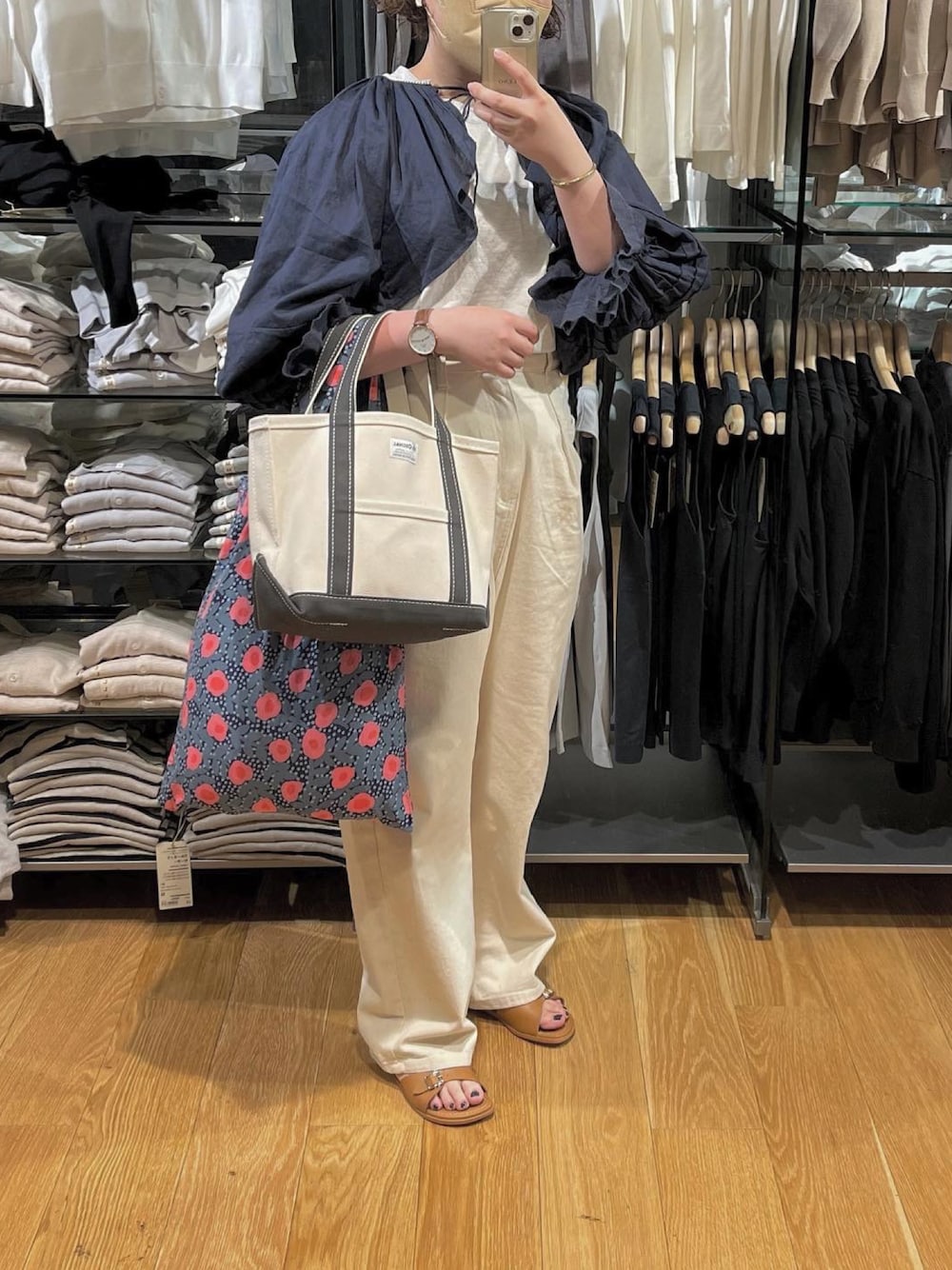 「カジュアル、オトナ女子、BEAMS BOY、ボレロ、orcival、休日コーデ、春夏コーデ、サンダル、レイヤードスタイル、今日の服」｜「ORCIVALのORCIVAL: トートバッグS◇◇（トートバッグ、グレー系）」を使った、はなさん（レディース・160cm）の春コーディネートの1枚目の写真