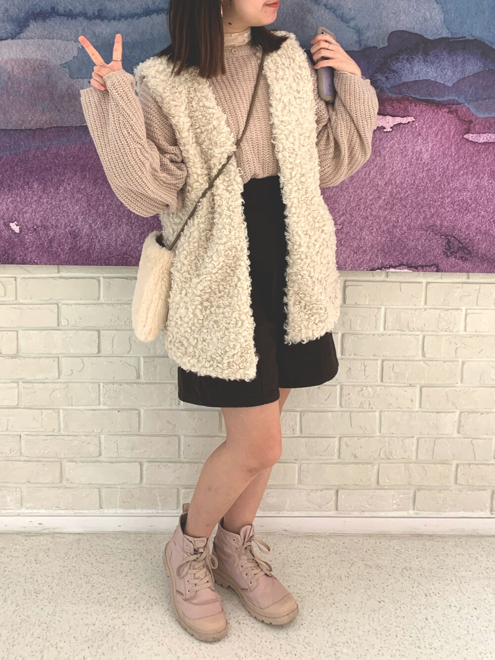 「apres jour clairの【apres jour clair】ボアベスト【ZOZOTOWN限定アイテム】（ベスト、ホワイト系）」を使った、RAIさん（レディース・150cm）の冬コーディネートの1枚目の写真