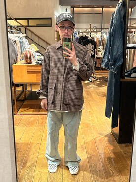 「CIAOPANIC（チャオパニック）のBIGポケットチェックシャツ（シャツ/ブラウス）」を使った、福島大さん（メンズ・156cm）の春コーディネート