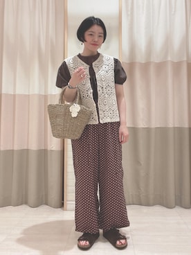 「Samansa Mos2（サマンサ モスモス）のかぎ編みモチーフ付カゴバッグ（かごバッグ、ホワイト系）」を使った、nagiさん（レディース・158cm）の夏コーディネート