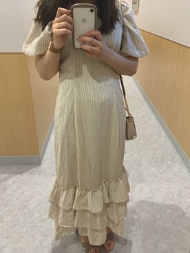 「one after another NICE CLAUP（ワンアフターアナザーナイスクラップ）の裾フリルワンピース（ワンピース、その他）」を使った、miiさん（レディース・154cm）の夏コーディネート