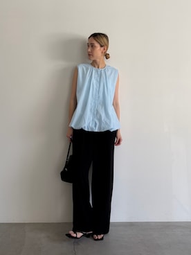 「select MOCA（セレクトモカ）のバルーンシルエットノースリーブブラウス（シャツ/ブラウス、ブルー系）」を使った、asamiさん（レディース・163cm）の春コーディネート