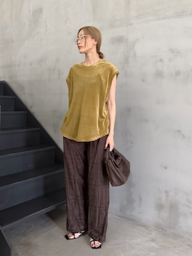 「select MOCA（セレクトモカ）のシアーフロッキーフレンチスリーブトップス（Tシャツ/カットソー、イエロー系）」を使った、asamiさん（レディース・163cm）の夏コーディネート