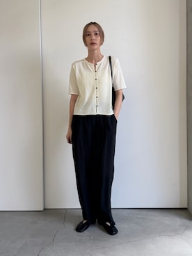 「select MOCA（セレクトモカ）のリネンタッチシアータックパンツ（その他パンツ、ブラック系）」を使った、asamiさん（レディース・163cm）の夏コーディネート