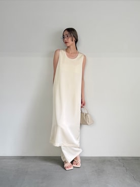 「select MOCA by son（セレクトモカバイソン）のストレートイージーサテンタックパンツ【セットアップ対応】【by SON】（その他パンツ）」を使った、asamiさん（レディース・163cm）の夏コーディネート
