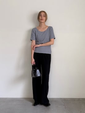 「select MOCA（セレクトモカ）のバレエネックハーフスリーブカットソー（Tシャツ/カットソー、ブルー系）」を使った、asamiさん（レディース・163cm）の夏コーディネート