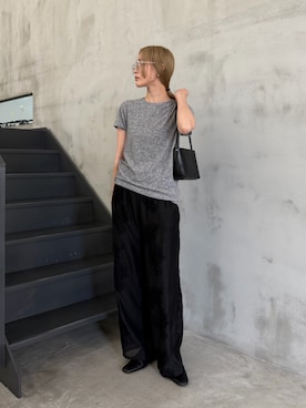 「select MOCA by son（セレクトモカバイソン）のフラワーエンブロイダリーシアーワイドパンツ【セットアップ対応】【by SON】（その他パンツ、ブラック系）」を使った、asamiさん（レディース・163cm）の夏コーディネート