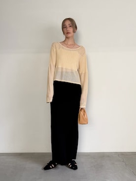 「select MOCA Et（セレクトモカエト）の【Et】Linen like Sheer Mesh Knit（ニット/セーター、ベージュ系）」を使った、asamiさん（レディース・163cm）の夏コーディネート