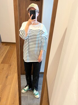 「CIAOPANIC TYPY（チャオパニックティピー）のカラーボーダーカットアウトトップス（Tシャツ/カットソー、ブラック系）」を使った、ふにゅさん（レディース・168cm）の夏コーディネート