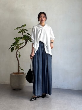 「un dix cors（アンディコール）のタックワイドフレアパンツ（その他パンツ、ブルー系）」を使った、mrkx0212さん（レディース・162cm）の春コーディネート