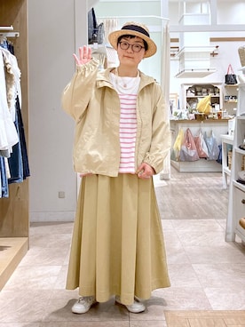 「LAKOLE（ラコレ）のステンレスバイカラーイヤリング / 318571（イヤリング、その他）」を使った、ぽんかよさん（レディース・157cm）の春コーディネート