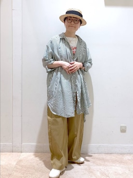 「studio CLIP（スタディオクリップ）の製品染めシャツワンピース（ワンピース、グリーン系）」を使った、ぽんかよさん（レディース・157cm）の春コーディネート