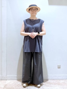 「studio CLIP（スタディオクリップ）のレース開襟シャツ（シャツ/ブラウス、グレー系）」を使った、ぽんかよさん（レディース・157cm）の夏コーディネート