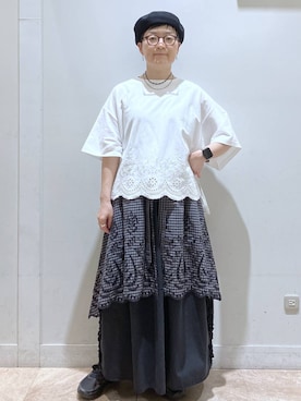 「studio CLIP（スタディオクリップ）の裾スカラップレースカットソー（Tシャツ/カットソー、ホワイト系）」を使った、ぽんかよさん（レディース・157cm）の夏コーディネート