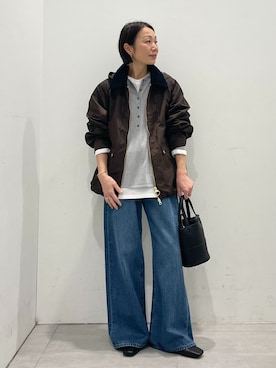 「Barbour（バブアー）の別注【Barbour/バブアー】modified short jacket：ブルゾン（その他アウター、ブラウン系）」を使った、MATSUさん（レディース・154cm）の冬コーディネート