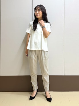 「INDIVI（インディヴィ）の【バックシャン】異素材ドッキングプルオーバー（Tシャツ/カットソー、ホワイト系）」を使った、mamiさん（レディース・151cm）の夏コーディネート