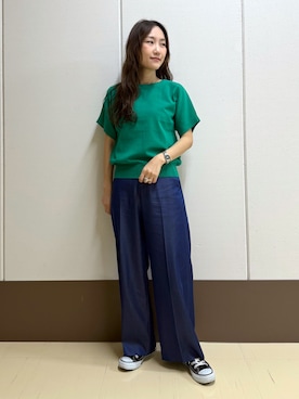「INDIVI（インディヴィ）の【洗える／コットン】ドライタッチさらりニットT（ニット/セーター、グリーン系）」を使った、mamiさん（レディース・151cm）の夏コーディネート
