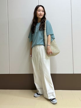 「INDIVI（インディヴィ）の【洗える／シアーチェック柄】異素材コンビスリーブトップス（Tシャツ/カットソー、グリーン系）」を使った、mamiさん（レディース・151cm）の夏コーディネート