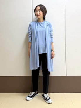 「INDIVI（インディヴィ）の【洗える／アンサンブル可能】シアースストライプトップス（Tシャツ/カットソー、ブルー系）」を使った、mamiさん（レディース・151cm）の夏コーディネート
