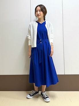 「INDIVI（インディヴィ）の【撥水／UVケア／SETUP可能】軽量ベルト付きAラインワンピース（ワンピース、ブルー系）」を使った、mamiさん（レディース・151cm）の夏コーディネート
