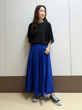 「INDIVI（インディヴィ）の【洗える／シアーチェック柄】異素材コンビスリーブトップス（Tシャツ/カットソー、ブラック系）」を使った、mamiさん（レディース・151cm）の夏コーディネート