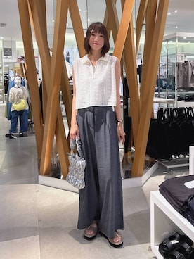 「GLOBAL WORK（グローバルワーク）のデニムライクパンツ/636574（その他パンツ、ブラック系）」を使った、mikittygwさん（レディース）の夏コーディネート