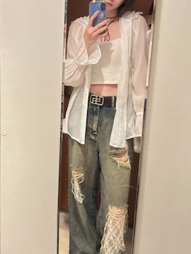 「LOWRYS FARM（ローリーズファーム）のフリルフードシャツ　579513（シャツ/ブラウス、ホワイト系）」を使った、mikittygwさん（レディース）の夏コーディネート