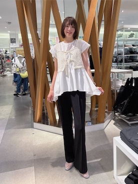 「GLOBAL WORK（グローバルワーク）の2WAYリボンビスチェ/1046540（その他トップス、ホワイト系）」を使った、mikittygwさん（レディース）の夏コーディネート