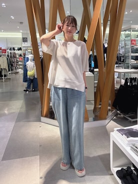 「GLOBAL WORK（グローバルワーク）のGOODデニムイージーパンツ/498394（デニムパンツ、ブルー系）」を使った、mikittygwさん（レディース）の夏コーディネート