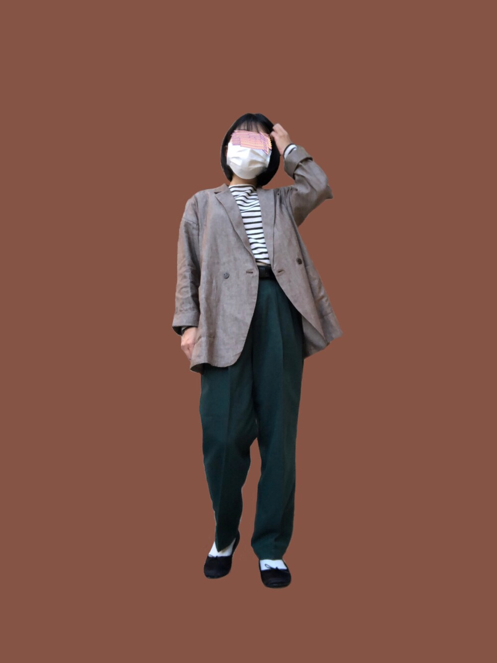 「オトナカジュアル、休日スタイル、シンプル、パンツスタイル、メンズライク、ジャケット、ママコーデ」｜「CIAOPANIC TYPYのツイードライクリネンジャケット（テーラードジャケット、ブラウン系）」を使った、おかめたまこさん（レディース・153cm）の秋コーディネートの1枚目の写真