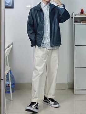 「通勤穿搭」｜「アイテム（ライダースジャケット）」を使った、赵闲梗さん（メンズ・162cm）の冬コーディネート