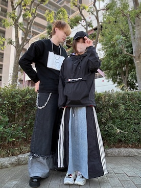 「Champion（チャンピオン）のChampion　アノラック パーカー C3-R603（ナイロンジャケット、ブラック系）」を使った、Teddy bear🧸さん（メンズ・177cm）の春コーディネート