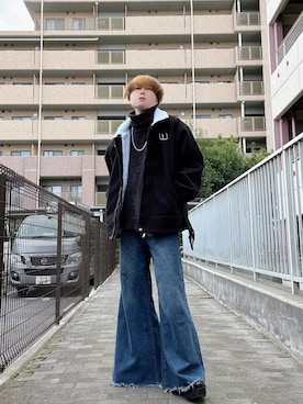 「neos（ネオス）の【neos】ビッグシルエット 裏ボア バルーンスリーブ コート ジャケット（ブルゾン、ブラック系）」を使った、Teddy bear🧸さん（メンズ・177cm）の春コーディネート