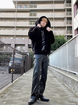 「LOVEHUNTER（ラブハンター）のLove Hunter / ハイヒールサイドジップ　ショートブーツ(6814)（ブーツ、ブラック系）」を使った、Teddy bear🧸さん（メンズ・177cm）の春コーディネート
