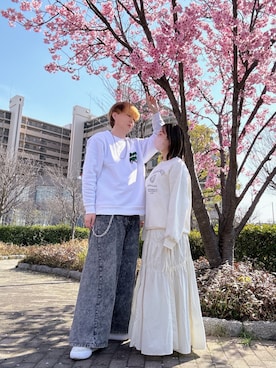 「PUMA（プーマ）のSUEDE MAYU　380686 01（スニーカー、ホワイト系）」を使った、Teddy bear🧸さん（メンズ・177cm）の春コーディネート