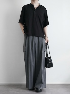 「SOCCE（ソーシー）のドレープリブヘンリーネックハーフスリーブカットソー（Tシャツ/カットソー、ブラック系）」を使った、itsukiさん（メンズ・167cm）の夏コーディネート