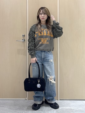 「X-girl（エックスガール）のJERSEY MIX CREWNECK TOP（スウェット、グリーン系）」を使った、REiKAさん（レディース・153cm）の秋コーディネート