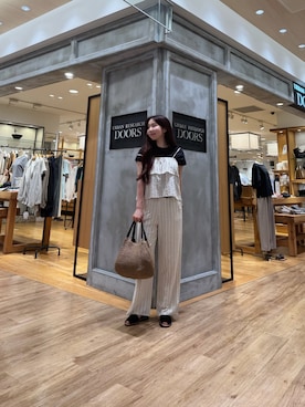 「URBAN RESEARCH（アーバンリサーチ）の『UR TECH』スーピマコットンフレンチスリーブカットソー（Tシャツ/カットソー、ブラック系）」を使った、ミウさん（レディース・165cm）の春コーディネート