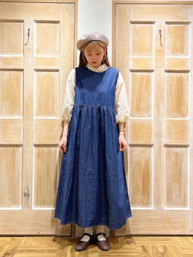 「デニムワンピース」｜「アイテム（ハンチング/ベレー帽）」を使った、miiさん（レディース・157cm）の夏コーディネート
