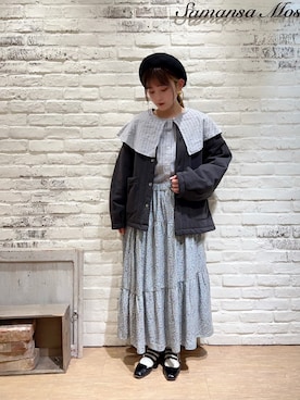 「小花柄」｜「アイテム（ノーカラージャケット）」を使った、miiさん（レディース・157cm）の冬コーディネート