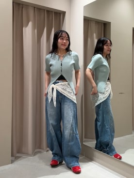 「mystic（ミスティック）の【ロングシーズンアイテム◎】マルチレーススカーフ（バンダナ/スカーフ、ホワイト系）」を使った、Sakaiさん（レディース・152cm）の春コーディネート